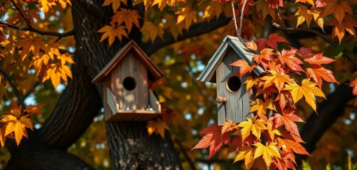 rustic birdhouse perched on autumnal oak, vibrant leaves, background, bird