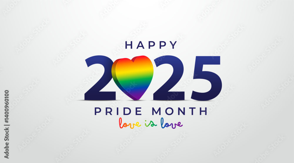 LGBT Pride Month in June 2025. Text 2025 with a rainbow heart. Symbol ...