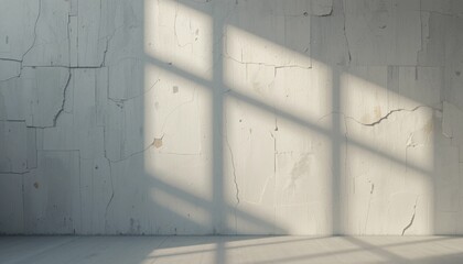 Poster - Sunlight casting shadows on cracked white wall indoor space minimalist aesthetic creative photography artistic perspective