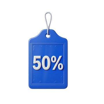 50% blue tag label with percentage. 3d rendering isolated on white background. Cartoon plastic style