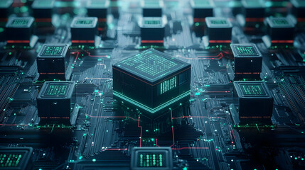 Poster - Abstract Circuit Board With Glowing Central Cube