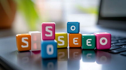 Poster - seo optimization strategy search engine marketing colorful blocks on laptop keyboard concept image f