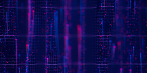 Poster - Abstract wavy flow of big data in cyber space. Quantum computing information stream. Digital pathway of cloud data waves