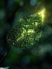 Fototapete - Green leaf seamlessly dissolving into digital pixels illustrating nature merging with technology and innovation