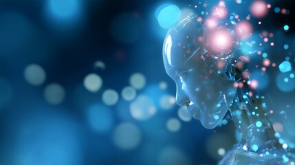Fototapete - Futuristic robot head with glowing elements against a blue background