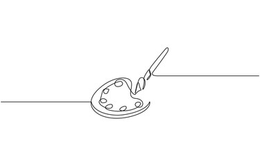 Aufkleber - Brush and painting palette with paints. Continuous one line drawing, Paint palette art brush continuous one line drawing and minimalist style isolate outline vector icon.