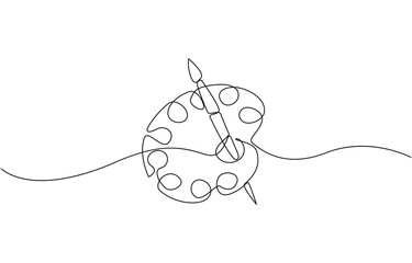 Aufkleber - Brush and painting palette with paints. Continuous one line drawing, Paint palette art brush continuous one line drawing and minimalist style isolate outline vector icon.