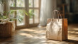 © sirachach - A warm, inviting scene featuring a brown paper bag on a wooden floor beside a lush plant and sunlight streaming through a window.
