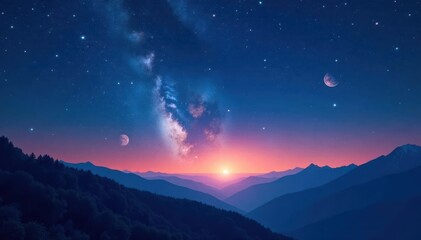 Wall Mural - Sparkling stars in a midnight blue sky with shooting stars and planets moving across the horizon, stars, astronomy