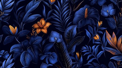 Poster - Blue and gold flowery background with a lot of leaves. The flowers are orange and the leaves are blue