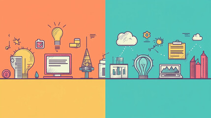 Fototapete - Creative business ideas and innovation concept with lightbulb computer and office elements design vector art