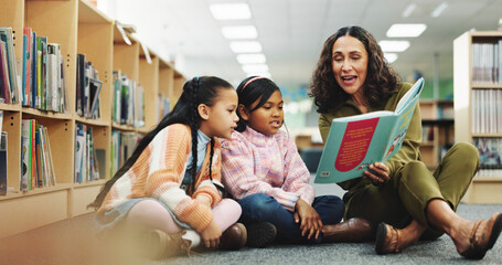 Aufkleber - Girl, teacher and book with reading at library for development, learning or study with guide. School kids, storytelling and woman with help on floor, education and language for knowledge at academy