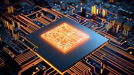 Poster - Glowing Computer Chip On Circuit Board