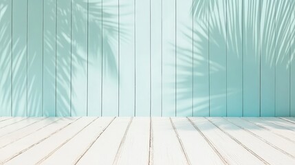 Aufkleber - Blue wall with a white wooden floor and a palm tree in the background. The palm tree casts a shadow on the wall