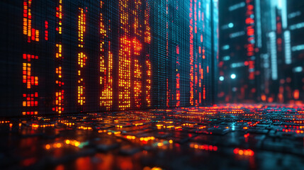 Fototapete - A futuristic urban landscape featuring glowing digital structures and patterns, suggesting a high-tech environment.