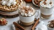 © Patcharaphorn - Fall-themed foods featuring pumpkin pies, apple crisps, and spiced lattes,