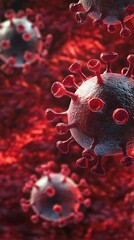 Poster - Detailed Red Virus Cell Structure with Spikes in Microscopic Close Up View