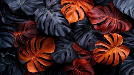 Poster - Close up of a bunch of leaves with some orange and black ones. The leaves are arranged in a way that creates a sense of depth and texture