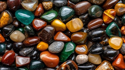 Poster - Collection of colorful stones and rocks. The stones are of various shapes and sizes, and they are arranged in a way that creates a visually interesting pattern