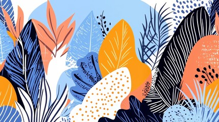Poster - Colorful drawing of leaves and flowers with a blue background. The drawing has a vibrant and lively mood, with the bright colors of the leaves and flowers creating a sense of energy