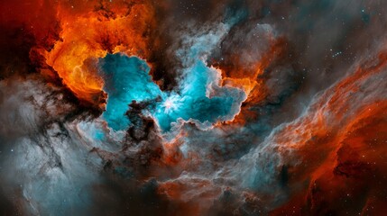 Poster - Colorful nebula with a blue cloud in the middle. The colors are orange, blue, and red