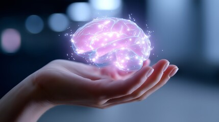 Poster - Hand holding glowing brain with sparkling effects representing creativity and innovation in a futuristic setting