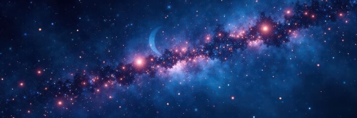 sparkling stars on a dark canvas with a hint of crescent moon, cosmos, nebula