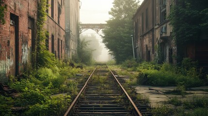 Aufkleber - Plants thriving on an old, abandoned railway, weaving through a foggy forest and nestled between decaying industrial buildings, create an eerie and atmospheric landscape of forgotten history