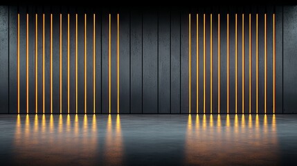 Aufkleber - Dark room with a wall of orange stripes. The room is empty and the stripes are lit up