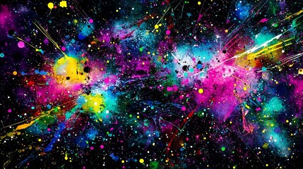 Vibrant, cosmic-inspired abstract paint splatter artwork