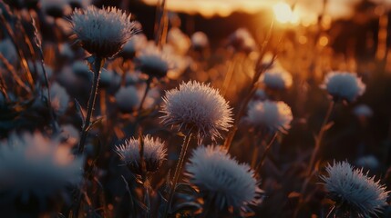 Aufkleber - Field of flowers with a sun in the background. The sun is setting and the flowers are covered in frost