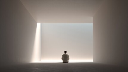 Poster - person sits alone in minimalistic room surrounded by soft light and empty walls emphasizing solitude