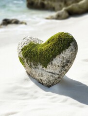 Poster - Heart-shaped mossy stone on tranquil white sand evokes emotion and serenity in nature at a peaceful shoreline