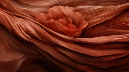 Fototapete - Flower is depicted in a brown and orange background. The flower is surrounded by a wave of brown and orange fabric, giving the impression of a flowing, natural environment