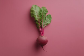 Poster - single fresh organic beet with vibrant green leaves on smooth solid color background in minimalistic