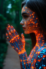 Poster - Stunning profile of a woman with glowing, circuitlike patterns on her skin and hands, suggesting a futuristic, technological fusion with nature.