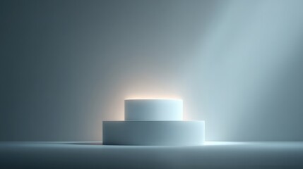 Poster - stark minimalistic empty podium with dramatic volumetric lighting casts soft shadows in spacious background