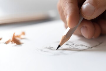 Poster - artist hand holding pencil with incomplete drawing on clean white sheet