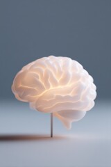 Poster - close-up of clean minimalistic desk with single brain model illuminated by soft light to symbolize neural education