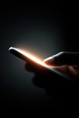 Poster - close-up of hand gripping smartphone screen glowing in dim light