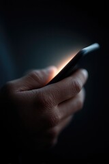 Poster - close-up of hand gripping smartphone screen glowing in dim light