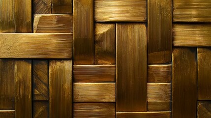 Aufkleber - Gold and brown woven patterned wall. The pattern is made of wood and gold. The wall is very textured and has a warm, inviting feel