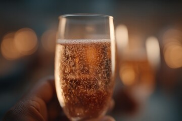 Poster - minimalistic close-up of friends clinking glasses in celebration with warm golden light ample copy space above for