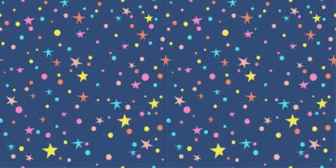Poster - The stars are in various shades of yellow, orange, pink, and blue, while the dots are in shades of pink, yellow, and orange. The pattern creates a playful and cheerful atmosphere.