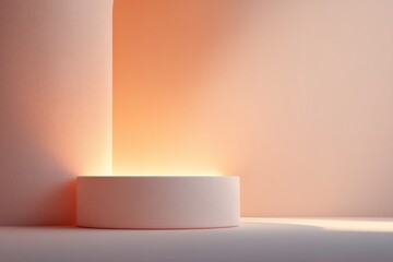 Poster - minimalistic scene with empty podium illuminated by soft volumetric lighting inviting serene ambiance