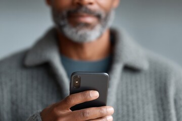 Poster - portrait of person of any race age or gender using digital device for online shopping with blurred background