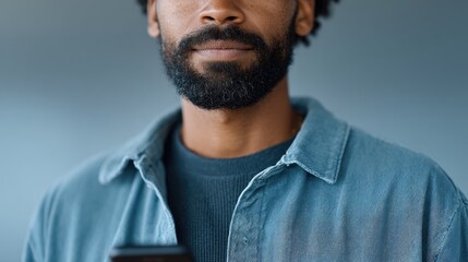 Poster - portrait of person using smartphone on blurred background emphasizing digital dependency