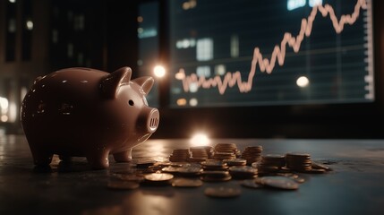 Poster - Piggy bank beside scattered coins on a table with a financial graph in the background during nighttime