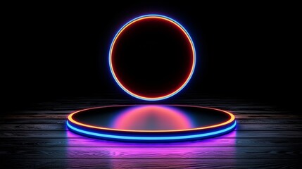 Aufkleber - Large, glowing, neon circle is surrounded by a smaller, glowing circle. The two circles are on a wooden surface
