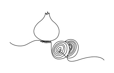 Fototapete - Continuous line drawing of garlic on a transparent background, one line drawing illustration of red onion vegetable.